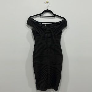 Off the shoulder bandage mini sheer dress with corset detailing